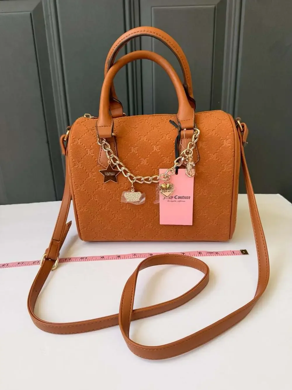 JuicyCouture Tan Brown Suede Monogram Logo Satchel CrossbodyHandbag ChainCharms